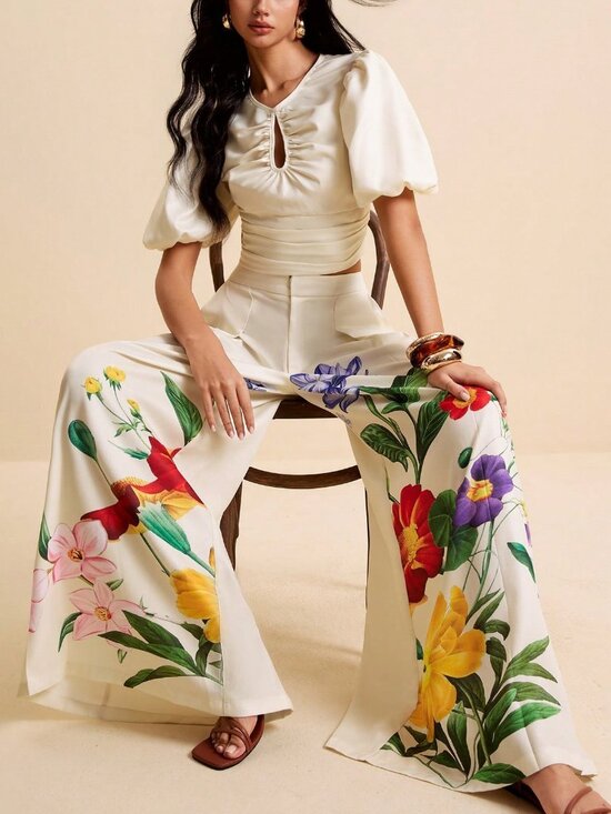 MODA ME COUTURE Tops - Apricot Elegant Women's top and floral pant Vacation coord Set